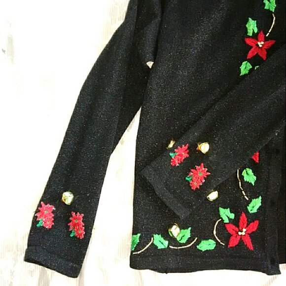 Christmas/Holiday Sweater Black Sparkly with Poinsettia Trim Medium - Picture 2 of 4